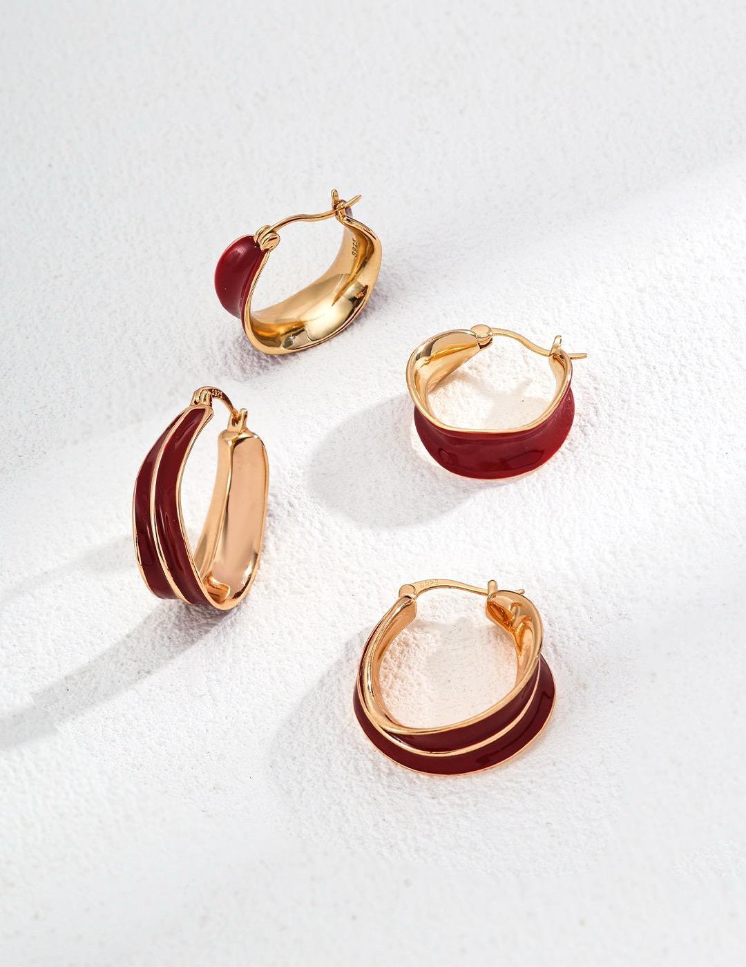 Crimson Curve|S925 Minimalist Red Enamel Earrings