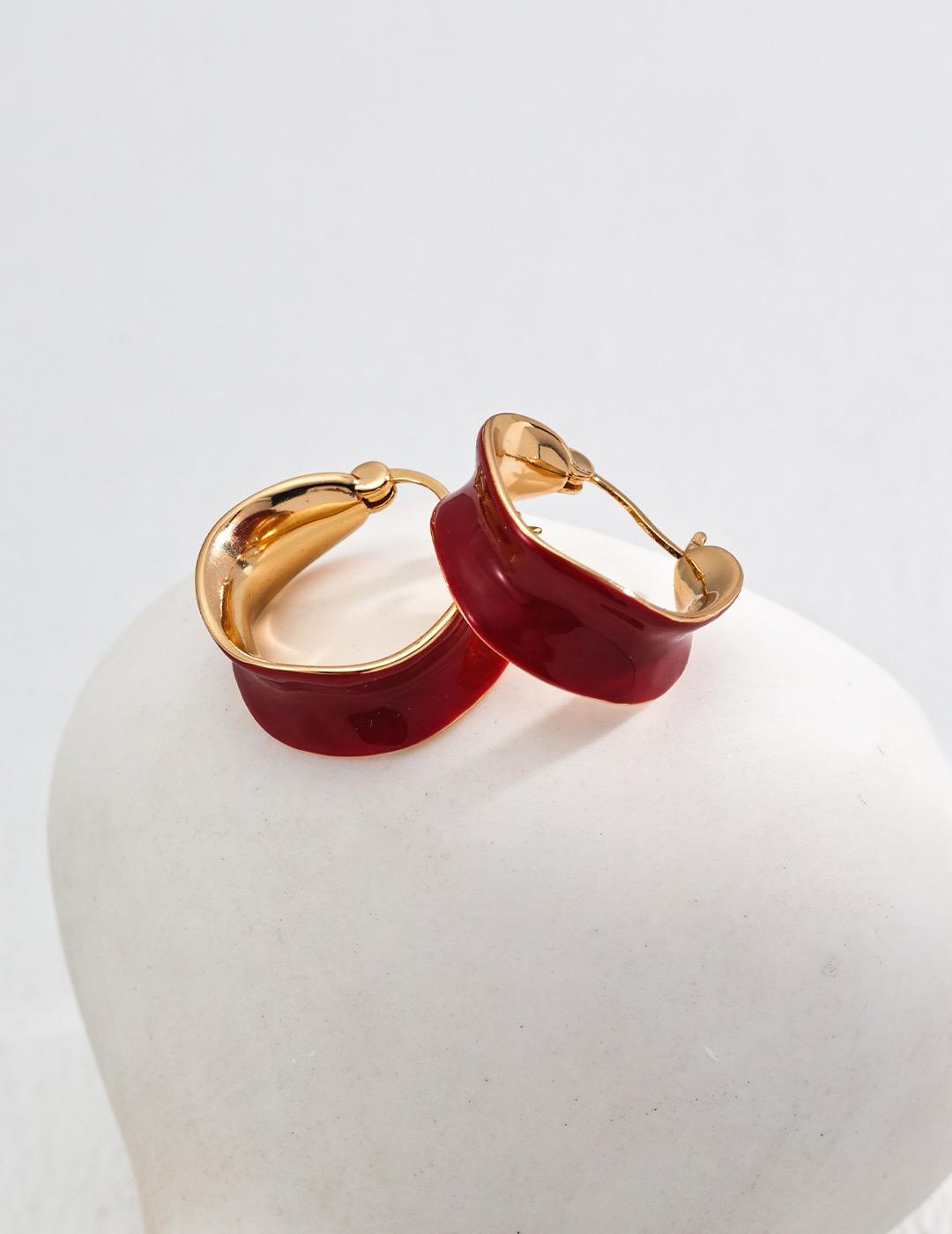 Crimson Curve|S925 Minimalist Red Enamel Earrings