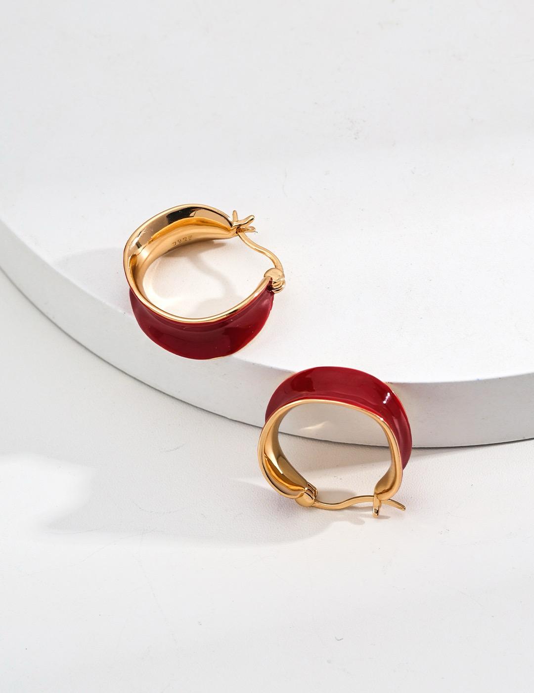 Crimson Curve|S925 Minimalist Red Enamel Earrings