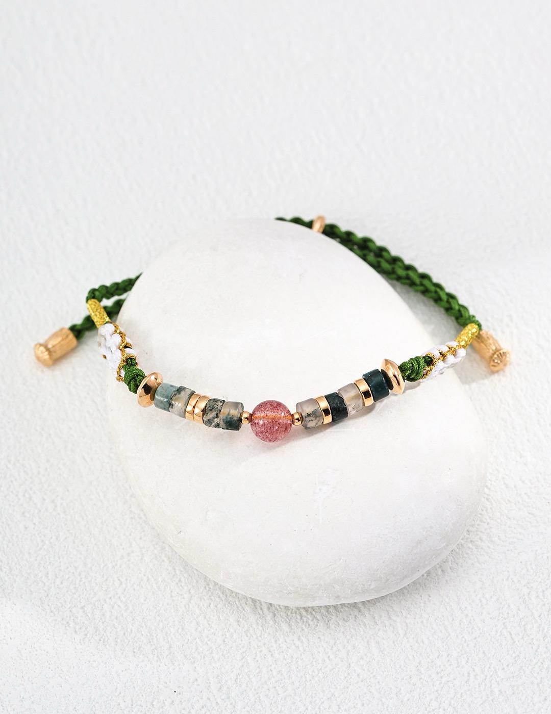 Forest Whisper|S925 Strawberry Quartz & Moss Agate Braided Bracelet