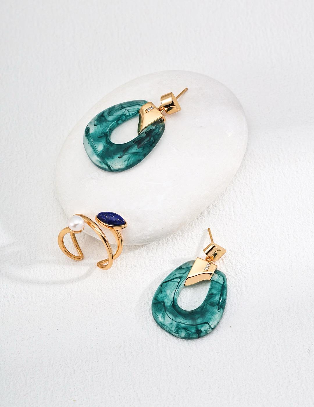 Verdant Flow｜S925 Green Agate-Inspired Resin Earrings