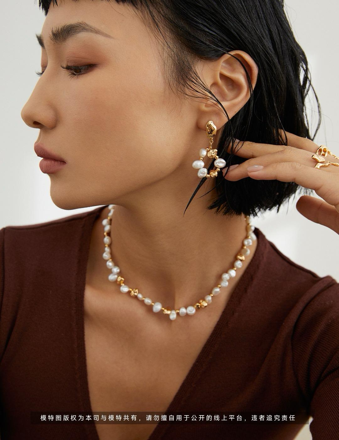Golden Ripple Set｜S925 Pearl Jewelry Trio – Necklace, Bracelet & Earrings