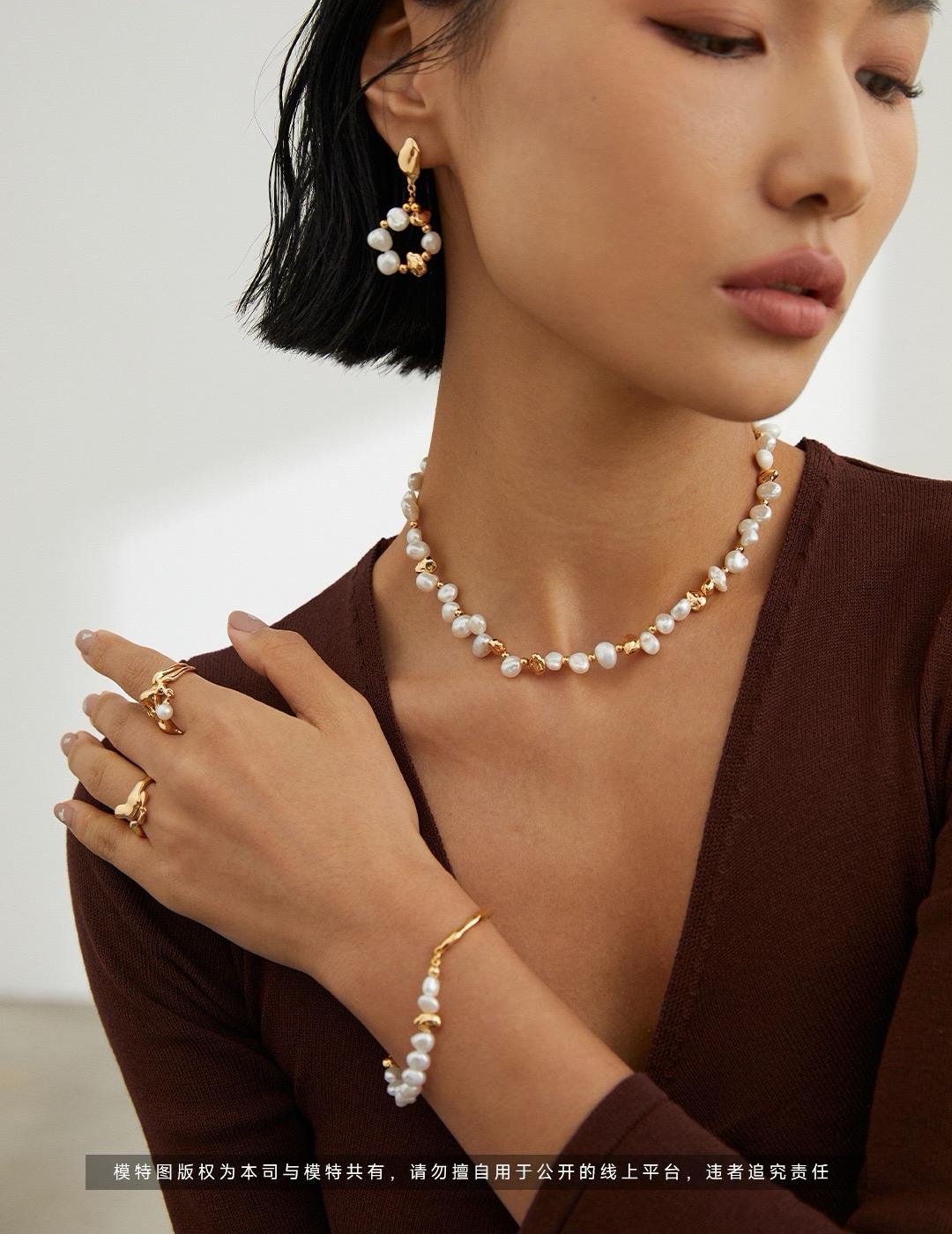 Golden Ripple Set｜S925 Pearl Jewelry Trio – Necklace, Bracelet & Earrings